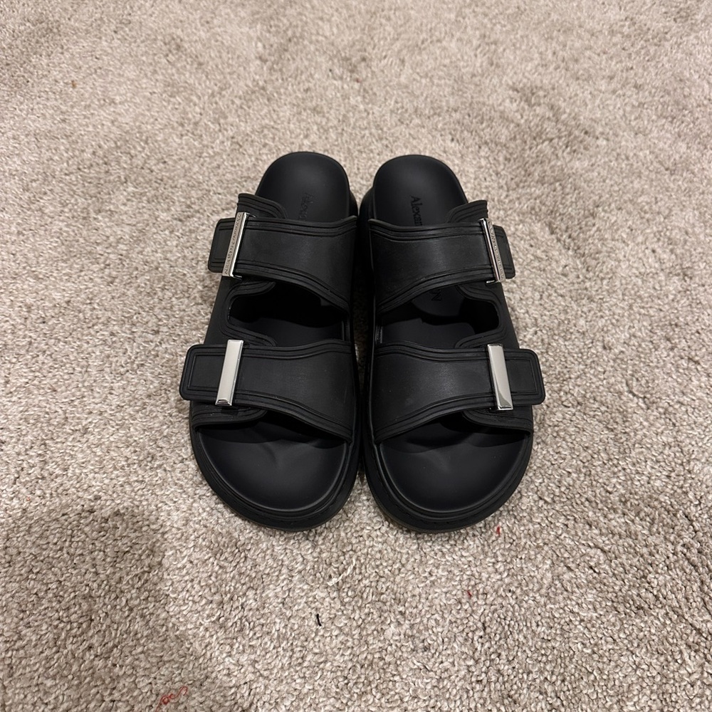 Alexander McQueen Black Double-Strap Slide Sandals with Silver Buckles
